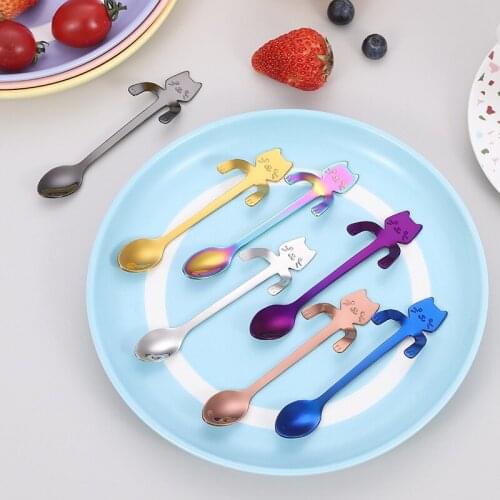 6PCs Stainless Steel Spoon Cat Hanging Cup Coffee Spoon Ice Cream Dessert Teaspoon CreativeHanging Scoop Tableware Kitchen Tool