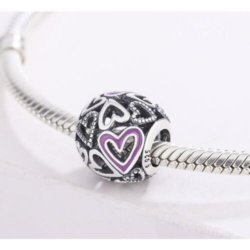 925 Sterling Silver Pink Openwork Freehand Heart Pendant Charm Bracelet DIY Jewelry Making For Original Pandora