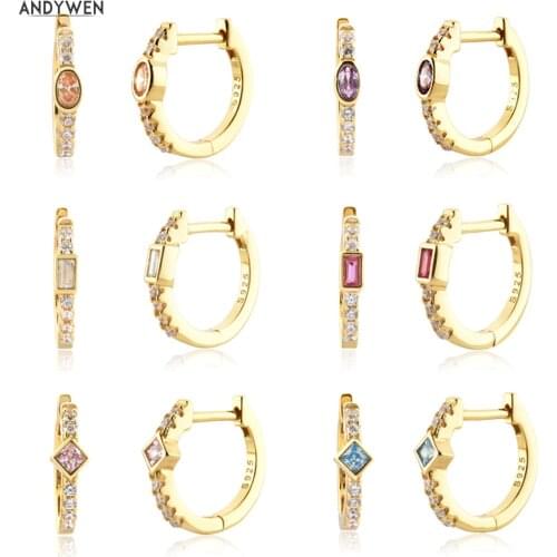 ANDYWEN New 925 Sterling Silver Gold 9.5mm Oval Square Colorful Huggies Piercing Hoops Earring Clips Rock Punk Jewelry Pendiente