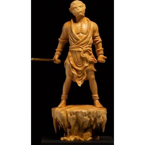 Boxwood 17CM Monkey King Sculpture Wood Sun Wukong Buddha Statue Myths Feng Shui Home Decor