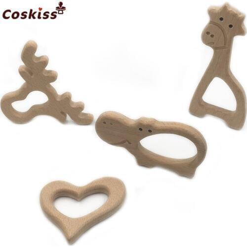 DIY Baby Teether Toys Organic Natural Beech Wooden Antlers-Giraffe-Peach-Hippo Hand Cut Pendent Toys Baby Wooden Teether Gift