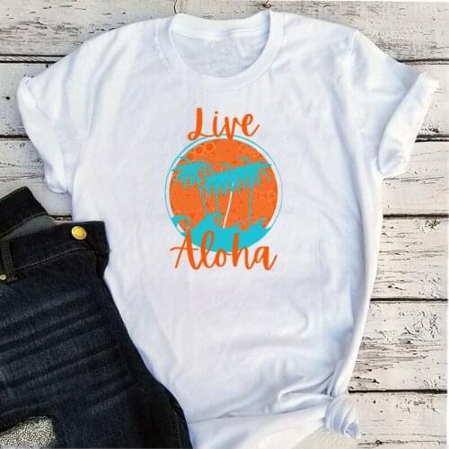 Aloha Tee Summer Plus Size Women Fashion Clothing Coconut Tree Holiday Beach Cartoon White T Shirt Letter Graphic Tees