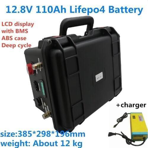 GTK 12.8V 12V 110Ah LCD Display Lifepo4 Battery Pack with BMS for For Marine Boats and RV + 14.6v 10A charger