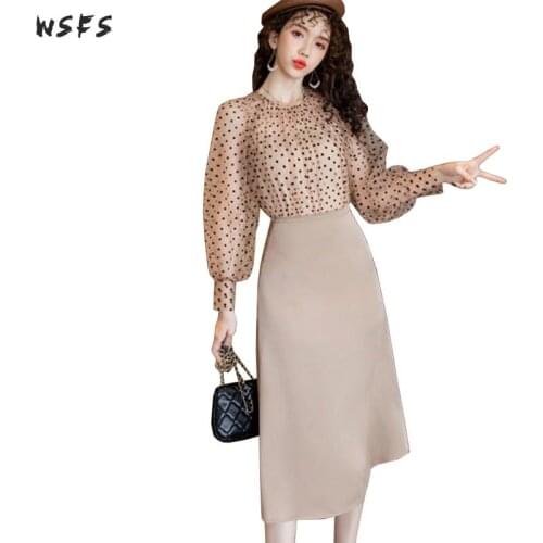 2 Piece Set Autumn Dress Khaki Dot Puff Sleeve Women Dresses Vintage Party Sexy Slim Bodycon Bandage Midi Aline Korean Clothes