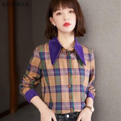 Korea Fashion color contrast stitching plaid shirt women 2021 spring French retro long-sleeved womens top casual hot sale
