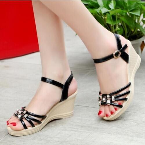 Summer Women Wedges Ankle Wrap Crytal Bling Open The Toe Fashion Casual Peep Toe Sandals Shoes Size 35-39 SXQ0625