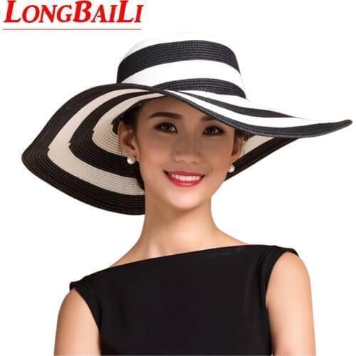 Summer Large Brim Sunbonnet Beach Straw Caps Women Black And White Striped Paper Braid Hat SDDS005