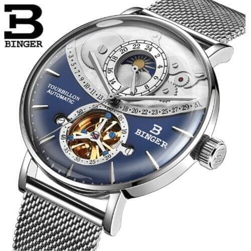 BINGER skeleton Mechanical Men Watches moon phase Switzerland Automatic Watch Men Full Steel Relogio Masculino Waterproof clocks