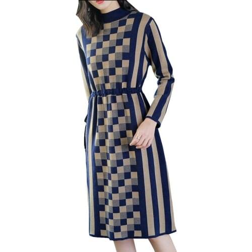 New Fashion Women Autumn Winter Dresses Turtleneck Plaid Wool Knit Dress Stretch Large size Loose Slim Female Vestido OK686