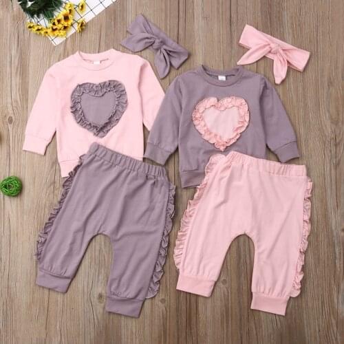 Toddler Girls Clothes Long Sleeve Peach Heart Sweatershirt+Headband+Ruffled Edge Pant Infant Newbor Spring Autumn Clothes Set