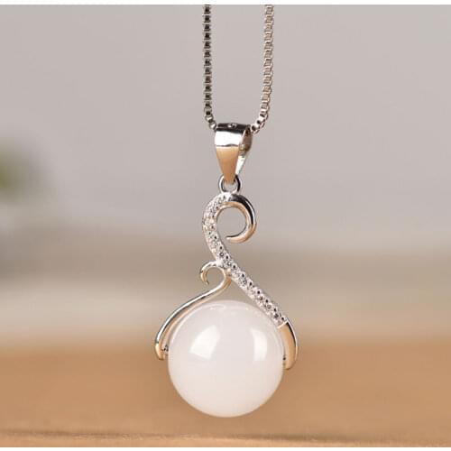 New Simple 925 Sterling Silver Inlaid Natural Hetian White Jade Necklace Pendant Fashion Women Birthday Gift Jewelry