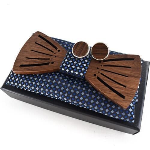 Dropshipping walnut wooden designer bowtie hollow luxury mens butterfly wood bow tie set with cufflink and kerchief