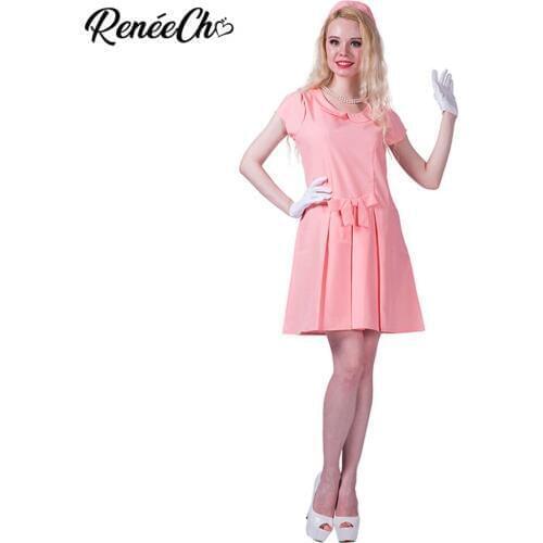 Reneecho halloween costumes for women Pink fantasia fancy dress with hat adult 1950`s style cosplay costume First Lady Costume