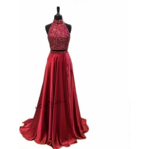 Christmas Two Piece Burgundy Prom Dresses 2018 Vestido de Baile Graduacion Gala Beads Long Evening Gowns Open Back Galajurken