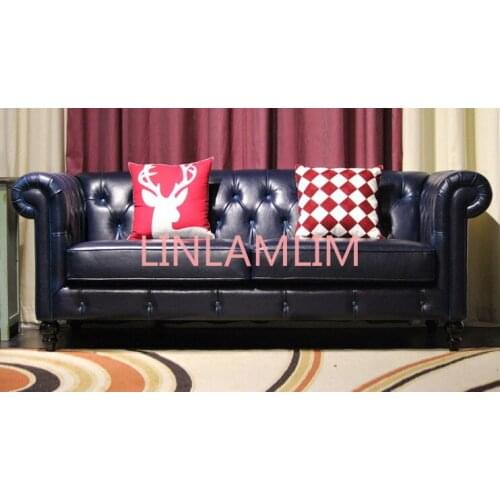 Top graded cow real genuine leather sofa sectional living room sofa home furniture couch 3-seater American style leather buttons