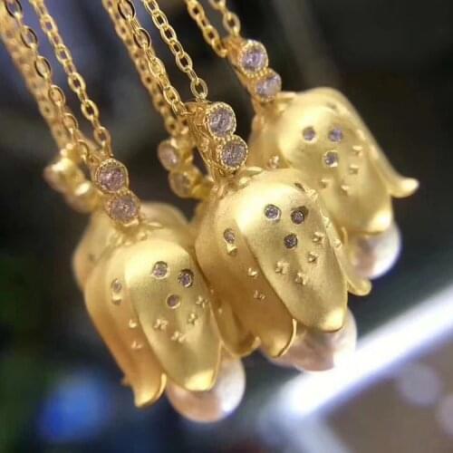 S925 Sterling Silver Canterbury Bell Pearl Pendant+Earrings Settings 2Pieces Set Gold Color Elegant Flower Design Jewelry Acc