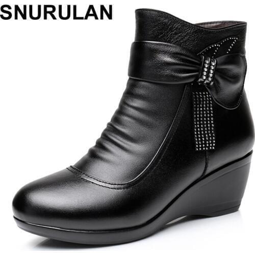 SNURULAN2018 Women Boots women Genuine Leather Winter Boots Warm Plush Autumn Shoes Winter Wedge Shoes Woman Ankle BootsE041