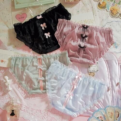 Japanese Loli Girl Lolita Shiny Sexy Hollow Bow Mid Waist Large Size Underwear Fat