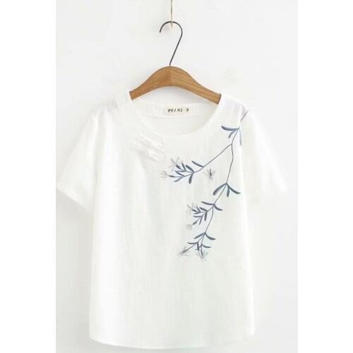 Plus size cotton linen Embroidery button women Tshirts 2021 new summer casual ladies short sleeve t shirts female tops t-shirts