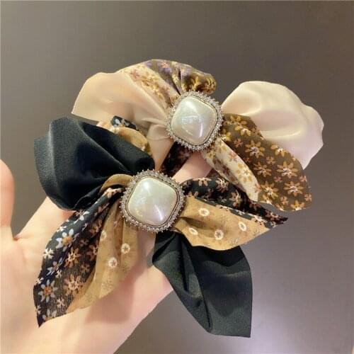 Pearl Print Bowknot Scrunchies for Women Girl Elastic Hair Bands Ties Accessories Wholesale Korean Rubber Rope