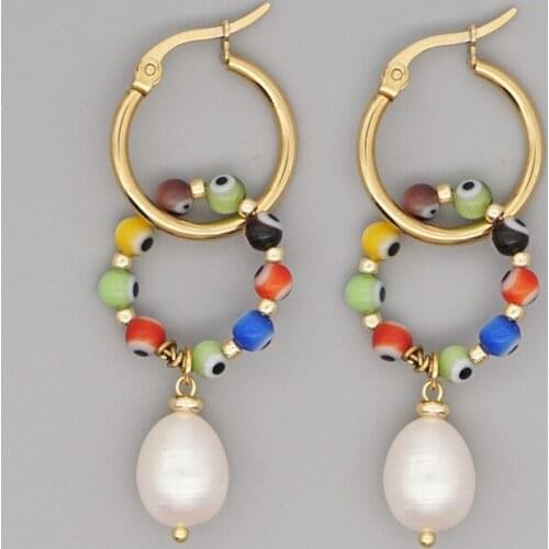 Ethnic Colored Glaze Eye Beads drop earrings Fashion Pearl Stainless Steel Hoop Earrings for Women 2021 Summer Beach Jewelry