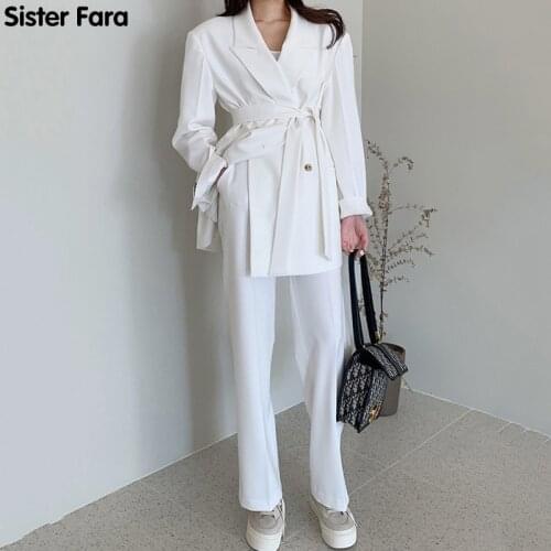 Sister Fara Elegant Double Breasted Notched Blazer Jacket Womens+High Waist Straight Suit Pants Ladies Casual Two Piece Suit