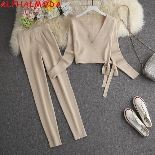 ALPHALMODA 2021 Spring New V-neck Binding Sashes Sweater Top + Leggings Women 2pcs Fashion Suit Slim Ladies Comfy Lounge Set