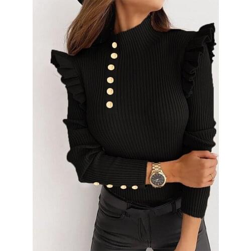 New Autumn Winter Women Tops Jumpers Fashion Harajuku Solid Button Ruffles Long Sleeve Fitting White Kawaii Tight Skinny Sweater