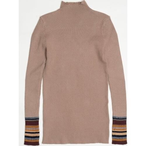 Ribbed Mock Neck Sweater With Striped Trim Sleeve Women Slim Pullover Jumper Autumn Winter