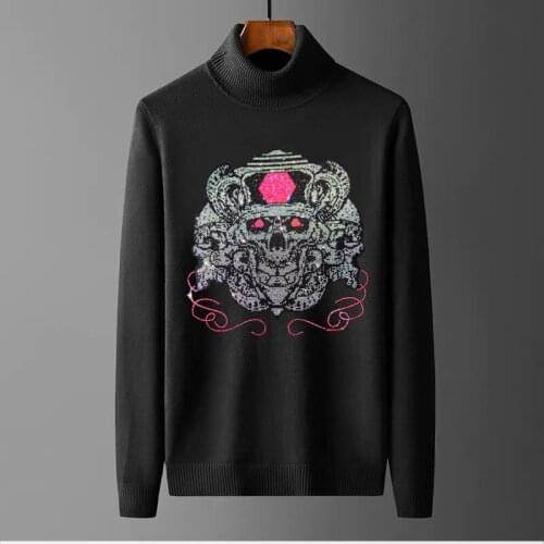 Winter Mens Sweater Hot Drilling Solid Color Slim Pullover Casual Clothes Domineering Brand Turtleneck Design