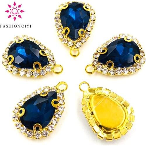 10pcs/pack10X14mmGold bottom Inkblue teardrop Single hole Crystalbutton high quality sew on rhinestones diyClothing accessories
