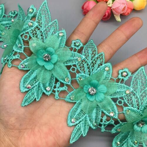 10X Dark Green Wing Handmade Rhinestones Beaded Lace Trim Ribbon Fabric Embroidered Applique Patchwork DIY Wedding Dress Sewing