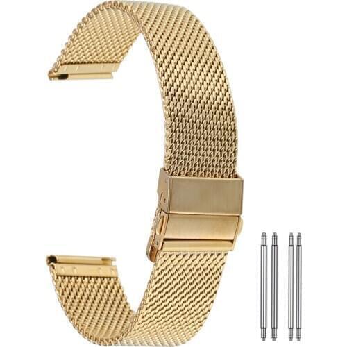 18/20/22mm Gold/Starry Blue Mesh Stainless Steel Watchbands Double Push Button Butterfly Buckle Watch Band Replacement Strap
