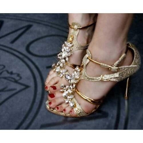 2020 Party Evening Ladies Bride Gold Wedding Shoes Crystal Stones High Heel stiletto Dress Shoes Sandals Size 34 to 42