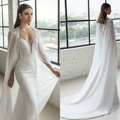 2021 New Bridal Wraps Custom Made Lace Applique Cathedral Chiffon Wedding Cape Shawls White and Ivory Bridal Jacket