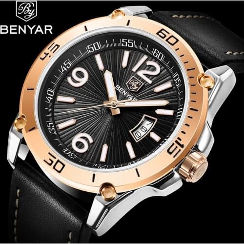 Benyar Design 2021 New Fashion Brand Men Quartz Watch High Quality Leather Multi-function Waterproof Calendar Watch Reloj Hombre