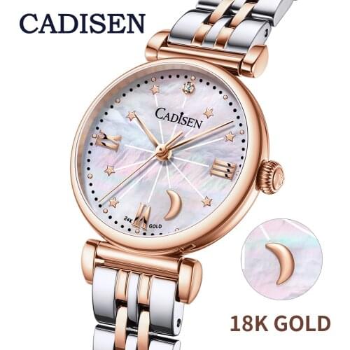CADISEN 18K GOLD Women Watches Luxury Brand Fashion Roman Watch Fritillary Pearl Star Moon Ladies Watches Quartz Wristwatch Gift
