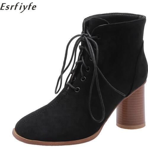 ESRFIYFE 2020 New Plus Size Ankle Boots Women High Heels Lace Up Shoes Thick Heels Short Boots Womens Footwear Drop Shipping
