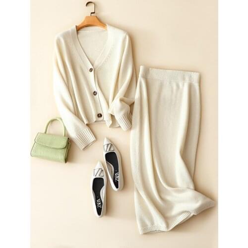 Fashion two-piece womens solid color cashmere winter V-neck loose cardigan top knitted skirt 100% cashmere sweater