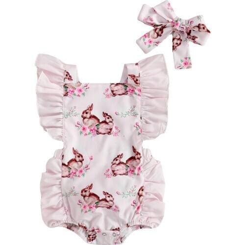 Easter Day Newborn Baby Girls Bodysuits Flowers Print Ruffles Shorts Sleeve Backless Jumpsuits Headband