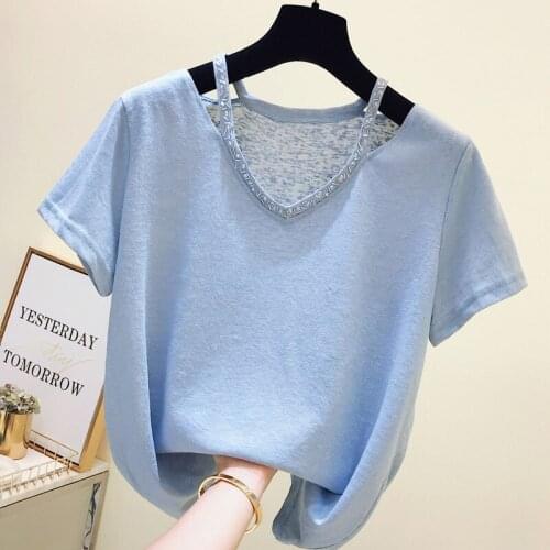 Lightweight Beaded Shine Women T-Shirts Summer New 2021 V-Neck Solid Short-Sleeved Off-Shoulder Female Pulls Outwear Tops Tees
