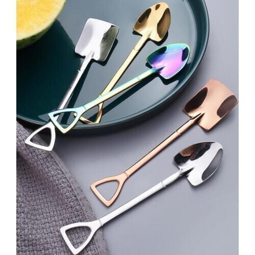 1Pcs 304 Stainless Steel Coffee Ice Cream Spoon Kitchen Gadget Multi Purpose 3Colors Cusp/Square Iron Shovel Spoon Retro Style
