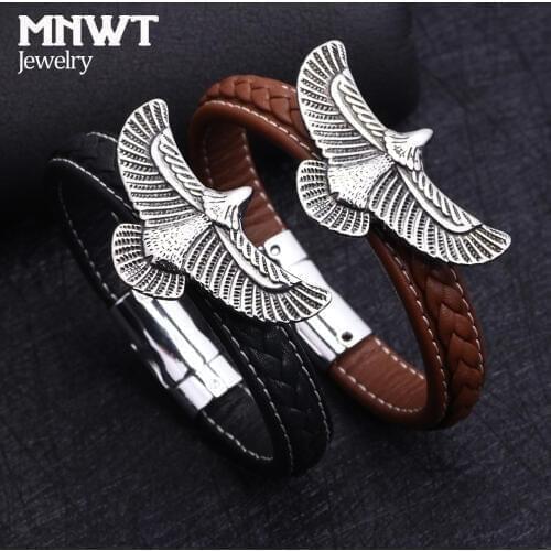 MNWT New Mens Eagle Leather Bracelet Magnetic Toggle-clasps Rock Punk Stainless Steel Flying Eagle Bangle Vintage Jewelry