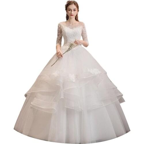 2020 New hot Slim Plus Size Sweet Puff women dress One Neck Fairy Mesh Gauze Embroidery Lace Stitching Ladies Long Dresses