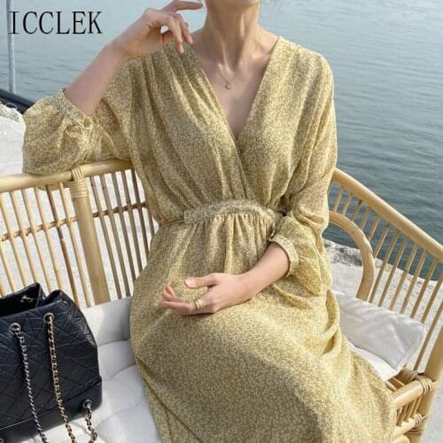 2021 New Summer Dress Fashion WomenS Dress Korean One-Piece Chic Floral Chiffon V-Neck Dress Bohemian Beach Dress Midi Dress