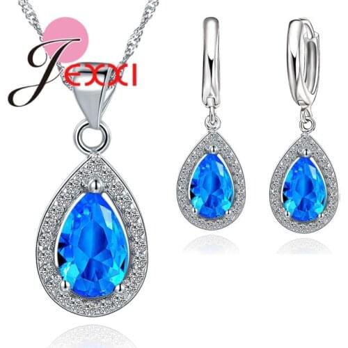 New Cubic Zirconia Jewelry Sets Water Drop Pendants & Necklaces Earring 925 Sterling Silver For Women