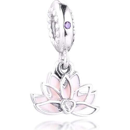 Fits for Pandora Charms Bracelets Lotus Beads with Pink Enamel & Lilac & Clear CZ 100% 925 Sterling Silver Jewelry Free Shipping