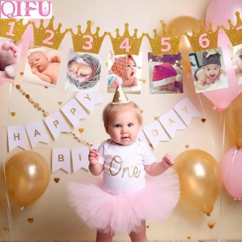 QIFU 1st Birthday Party Decorations Kids Favors First Birthday Banner Flag ONE Year Bunting Garland Baby Shower Decor Boy Girl