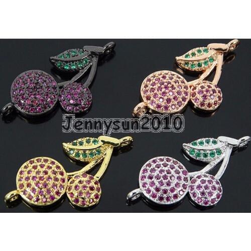 Multicolor Zircon Gems Stones Pave Cherry Bracelet Connector Charm Beads Silver Gold 10Pcs/Pack