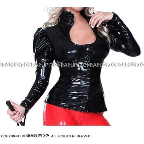 Black Sexy Latex Blouse With Buttons At Front Puff Long Sleeves Frills At Collar Turn Down Collar Rubber Shirts Top YF-0198